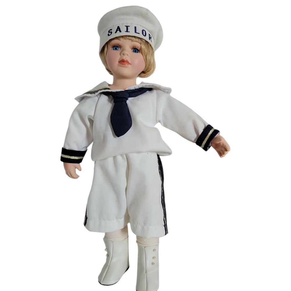 16" Porcelain Sailor Doll White Blue Outfit Girl Boy FIGURE
